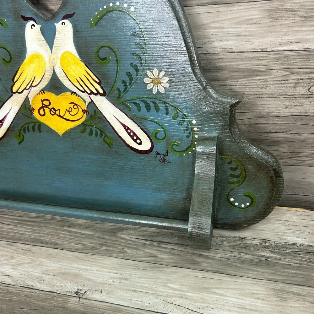 Wood Heart Hand Towel Rack Country Rustic Cottage Love Birds Painted Decor‎ Rack